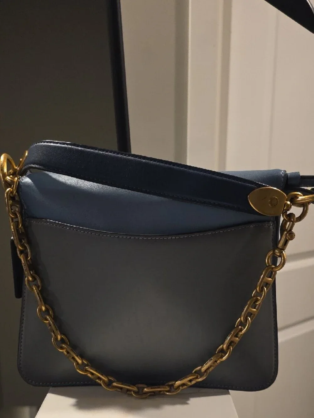 Coach Two-Tone Blue Leather Shoulder Bag with Gold Hardware